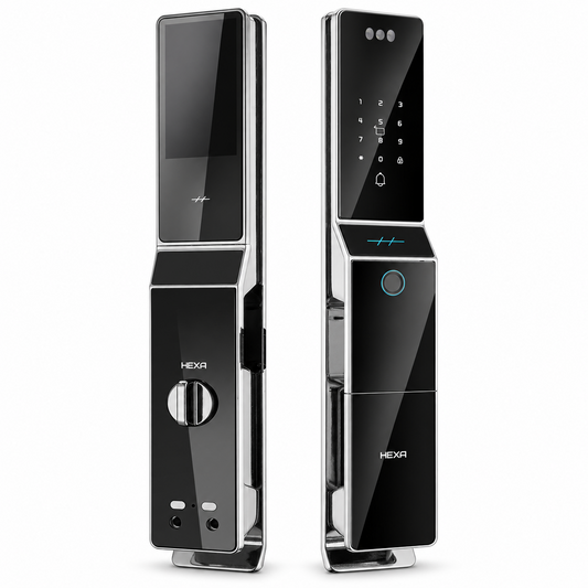 HEXA P100F Pro 黑灰色全自動電子鎖正面與背面外觀