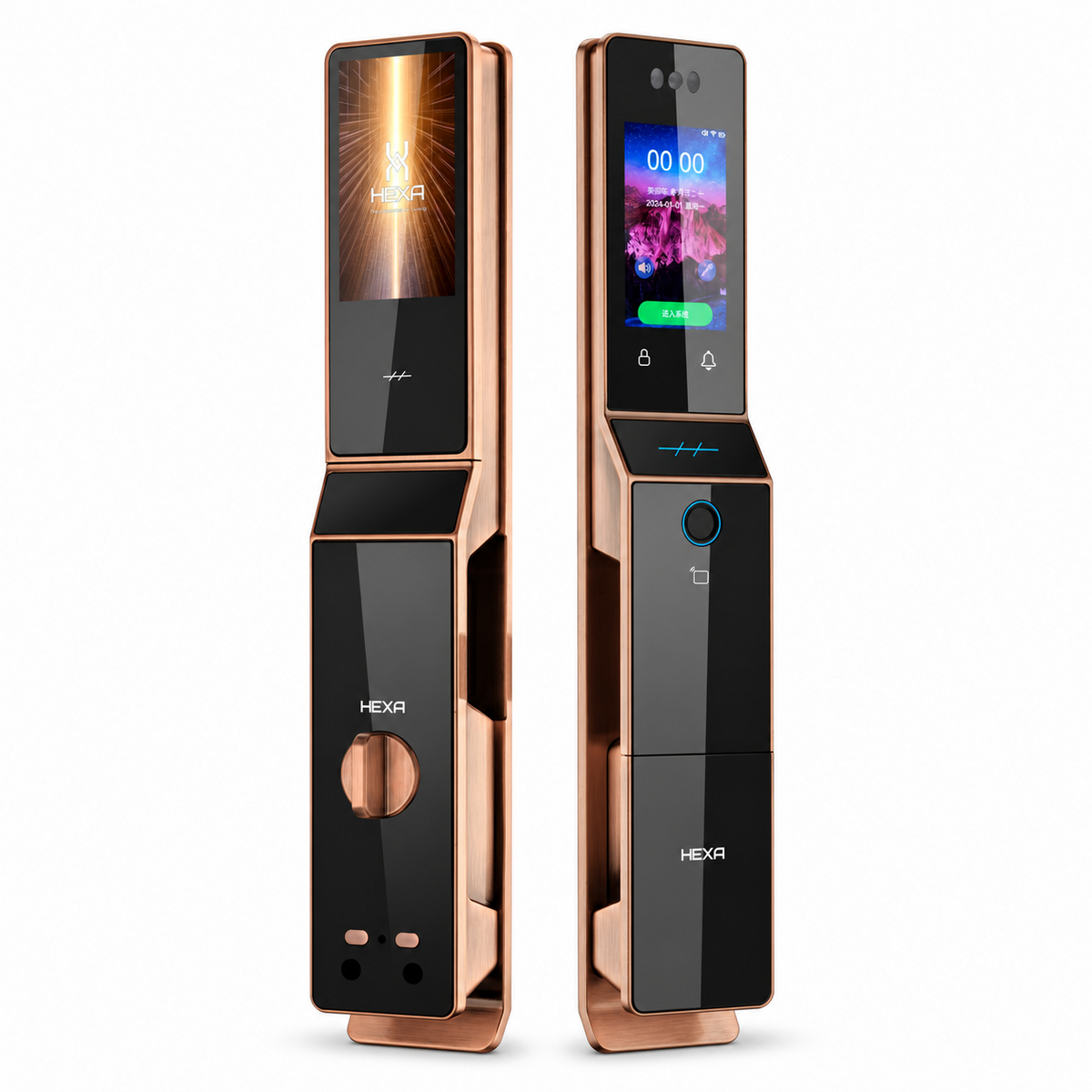 HEXA P100F ProMax 紅古銅全自動電子鎖正面與背面雙屏外觀