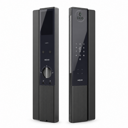 HEXA P200 Pro 黑色全自動電子鎖正面與背面外觀